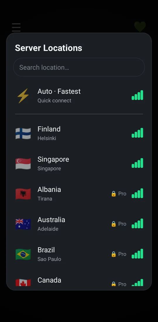 Location list in the Android app